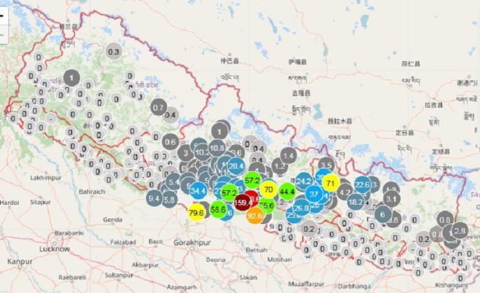नवलपरासी, रुपन्देही र चितवनसहित आसपासका क्षेत्रमा ठूलो वर्षा
